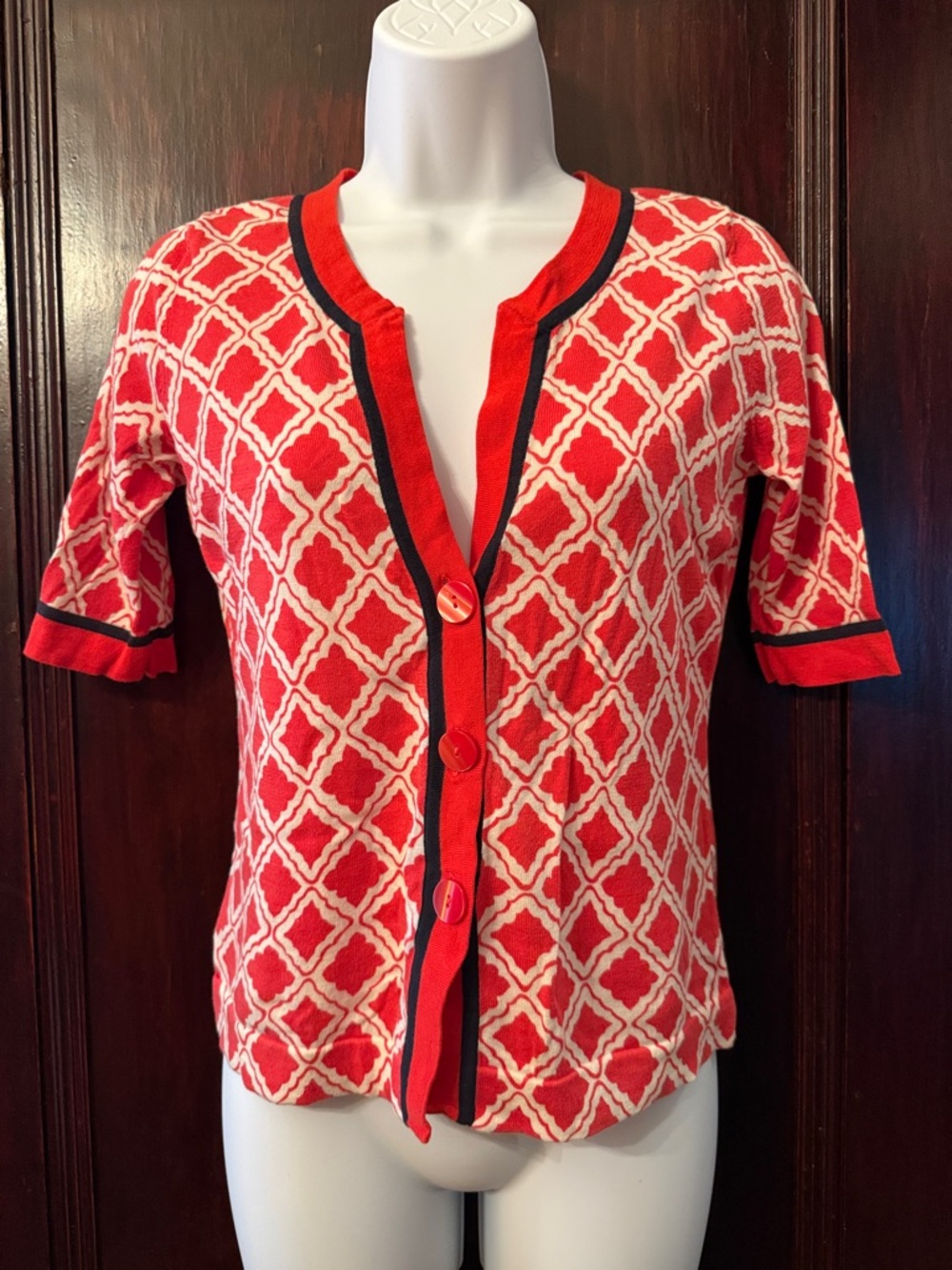 Ann Taylor Loft Red & Cream Geometric Button-Front Cardigan with Navy Blue Trim